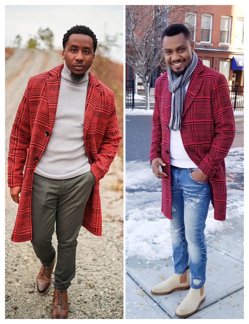 UANEO Mens Trench Coat Single Breasted Plaid Mid Long Peacoat Pea Coats (Wine Red, L) - Image 3